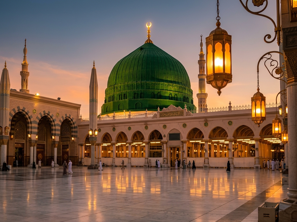 Keindahan Kubah Hijau Masjid Nabawi saat matahari terbenam