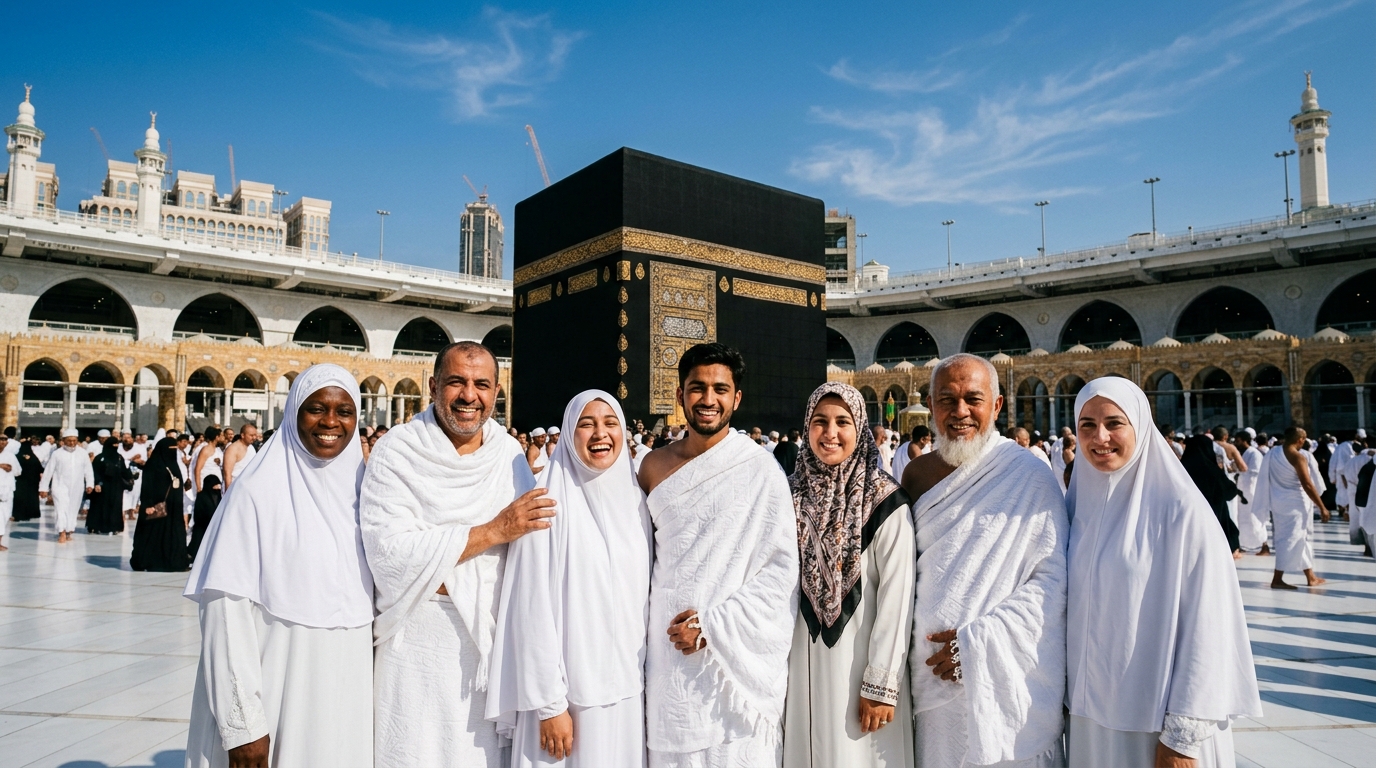 Jamaah Sulthan Haramain berfoto bahagia di depan Ka'bah