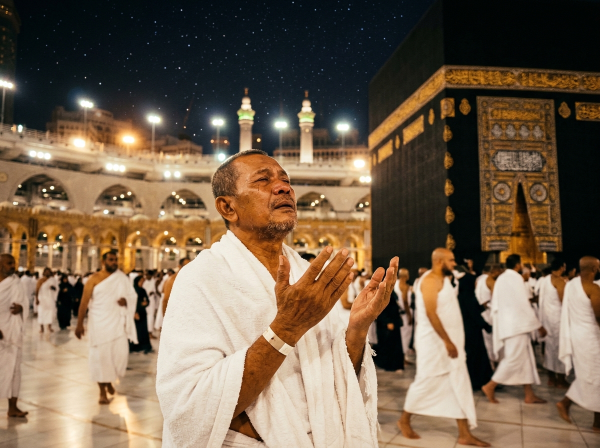 Seorang jamaah umroh berdoa khusyuk di depan Ka'bah